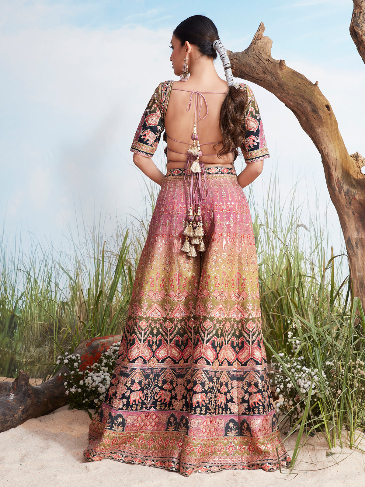 Multicolor elephant motif zari silk palazzo suit