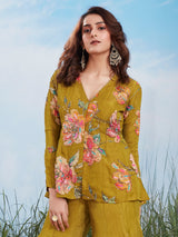 Olive green floral crushed tissue silk sharara suit