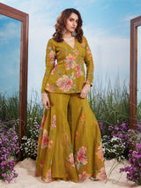 Olive green floral crushed tissue silk sharara suit