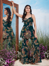 Teal green floral print georgette silk sharara suit