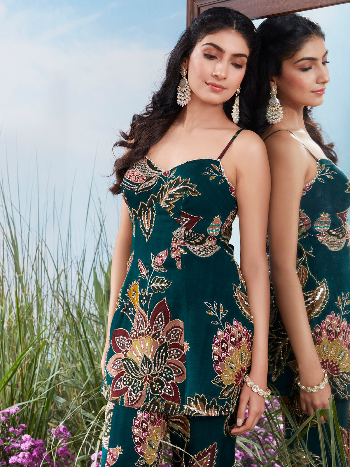 Teal green floral print georgette silk sharara suit