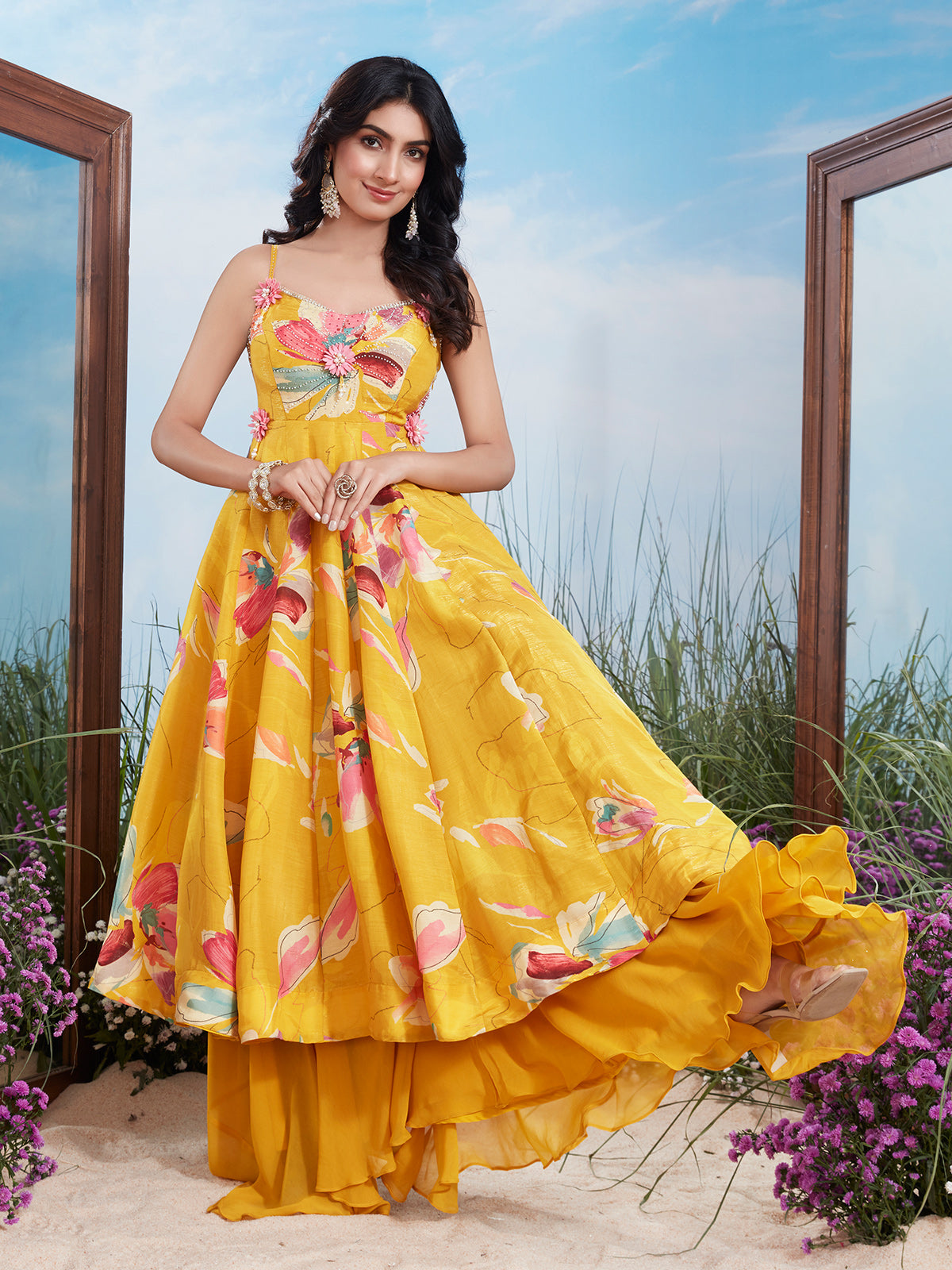 Yellow floral print pearl work silk palazzo suit