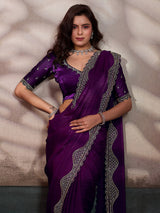 Purple stone worked satin silk saree for party wear