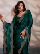 Green wedding wear satin silk saree with stone worked border