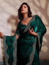 Green wedding wear satin silk saree with stone worked border