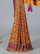 Yellow semi pashmina silk saree with zari shine
