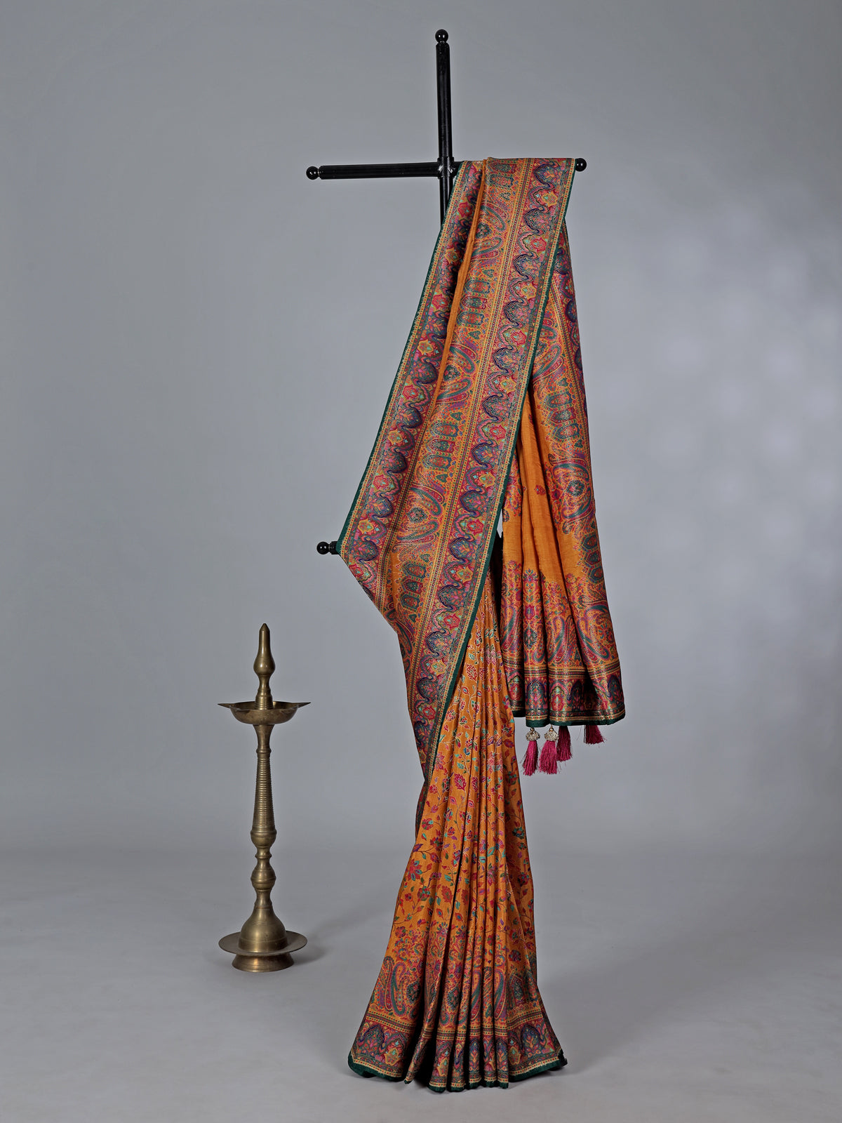 Mustard yellow haldi wear saree in semi pashmina silk