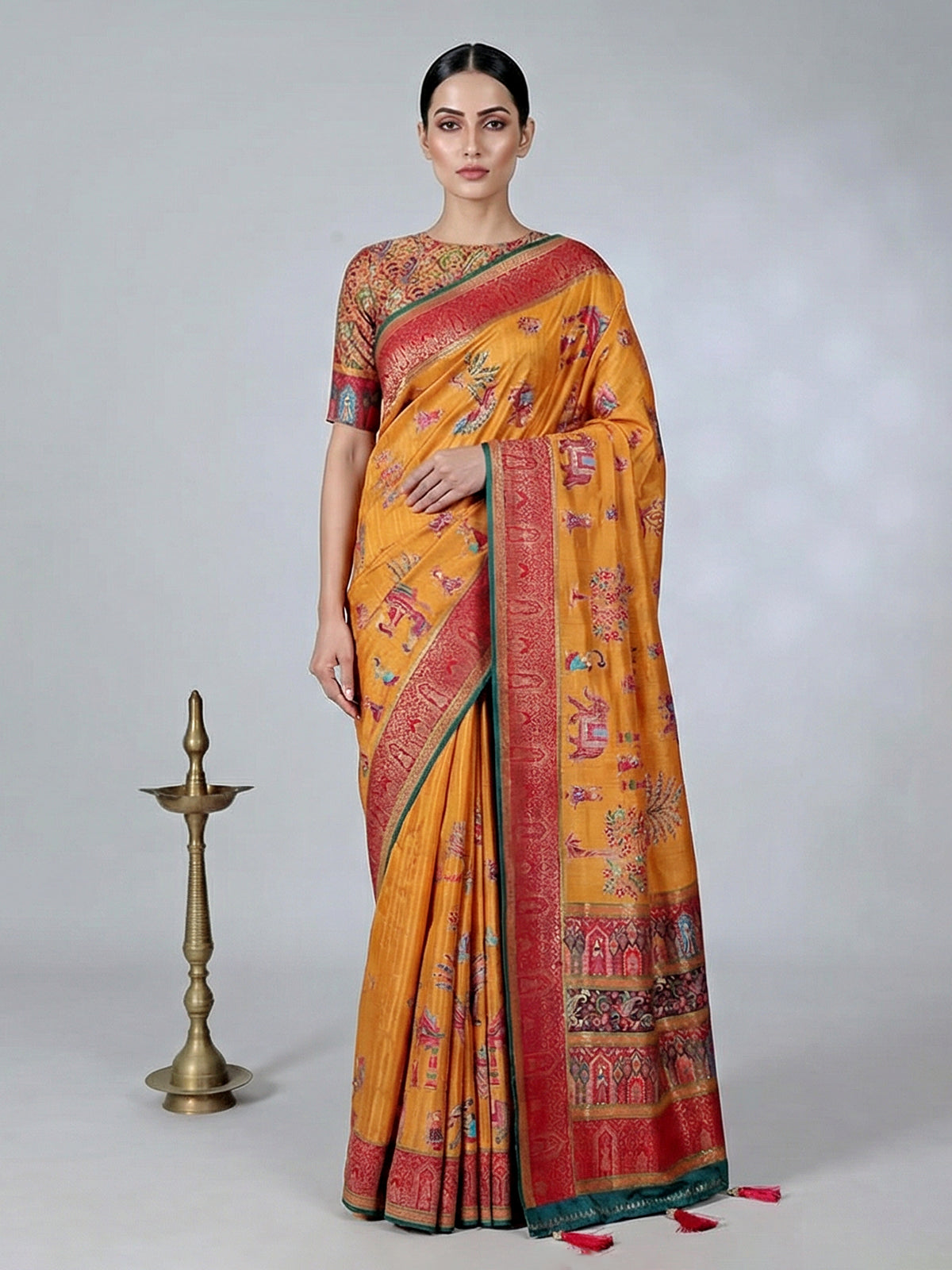 Mustard yellow semi pashmina silk saree