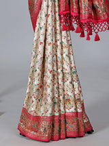 Cream wedding wear semi pashmina silk saree