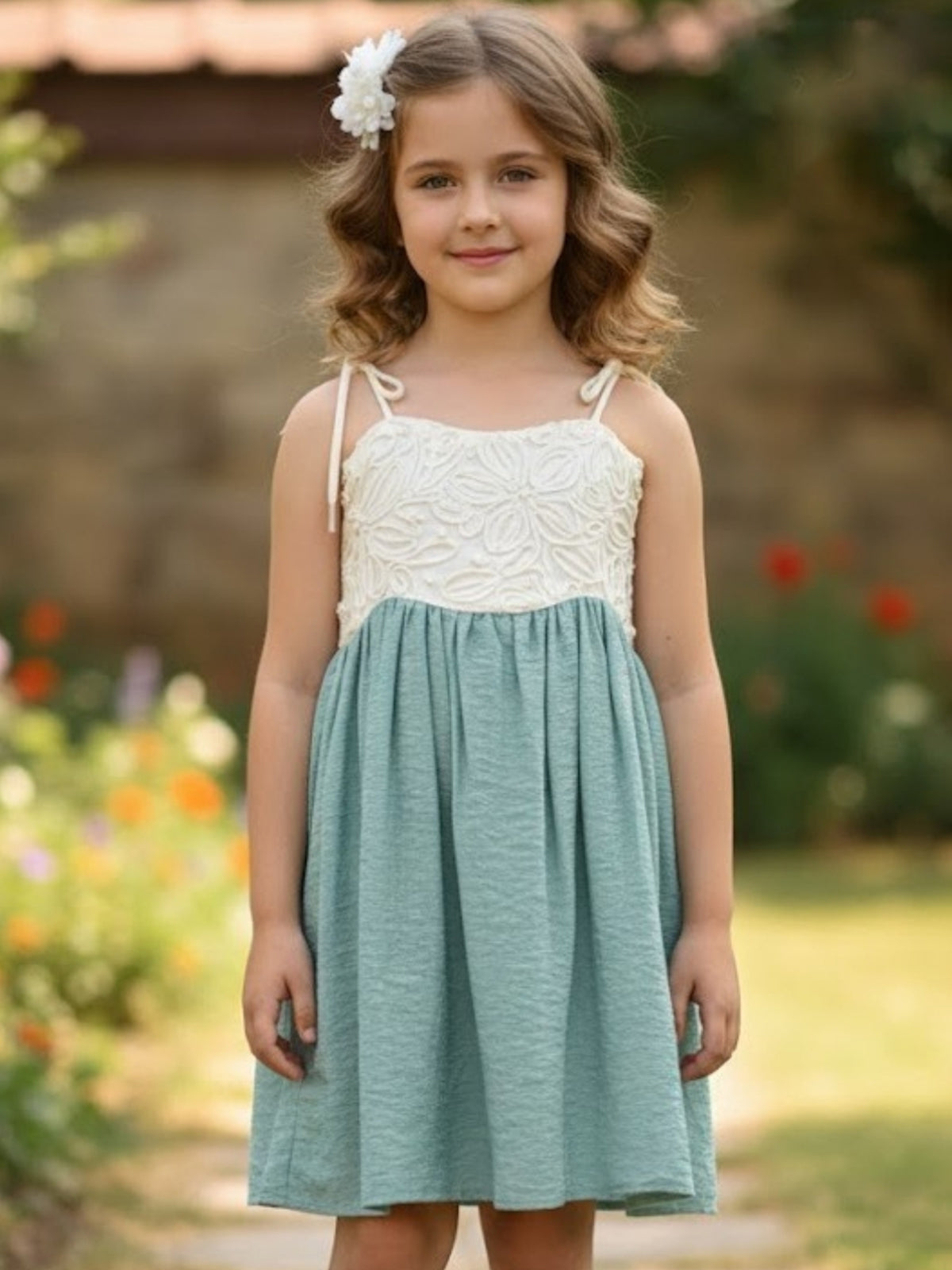White and green sleeveless frock