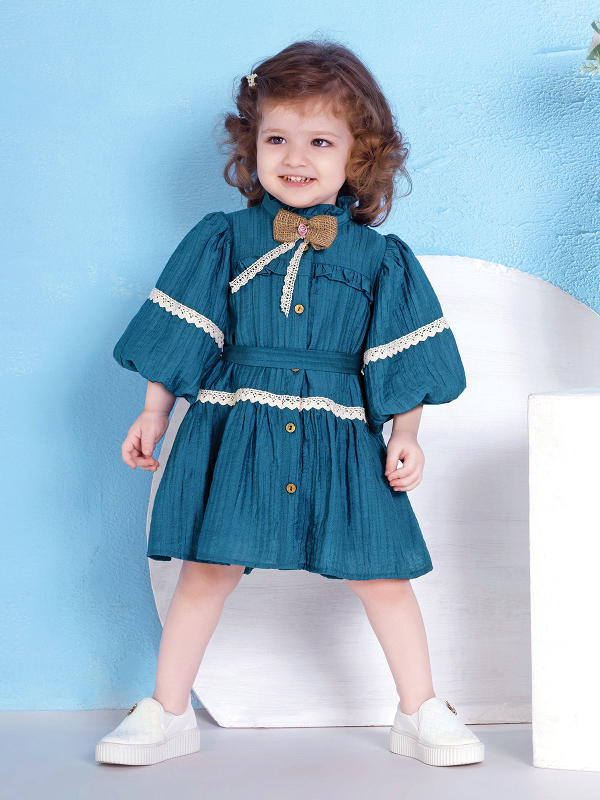 Blue textured cotton frock for girls