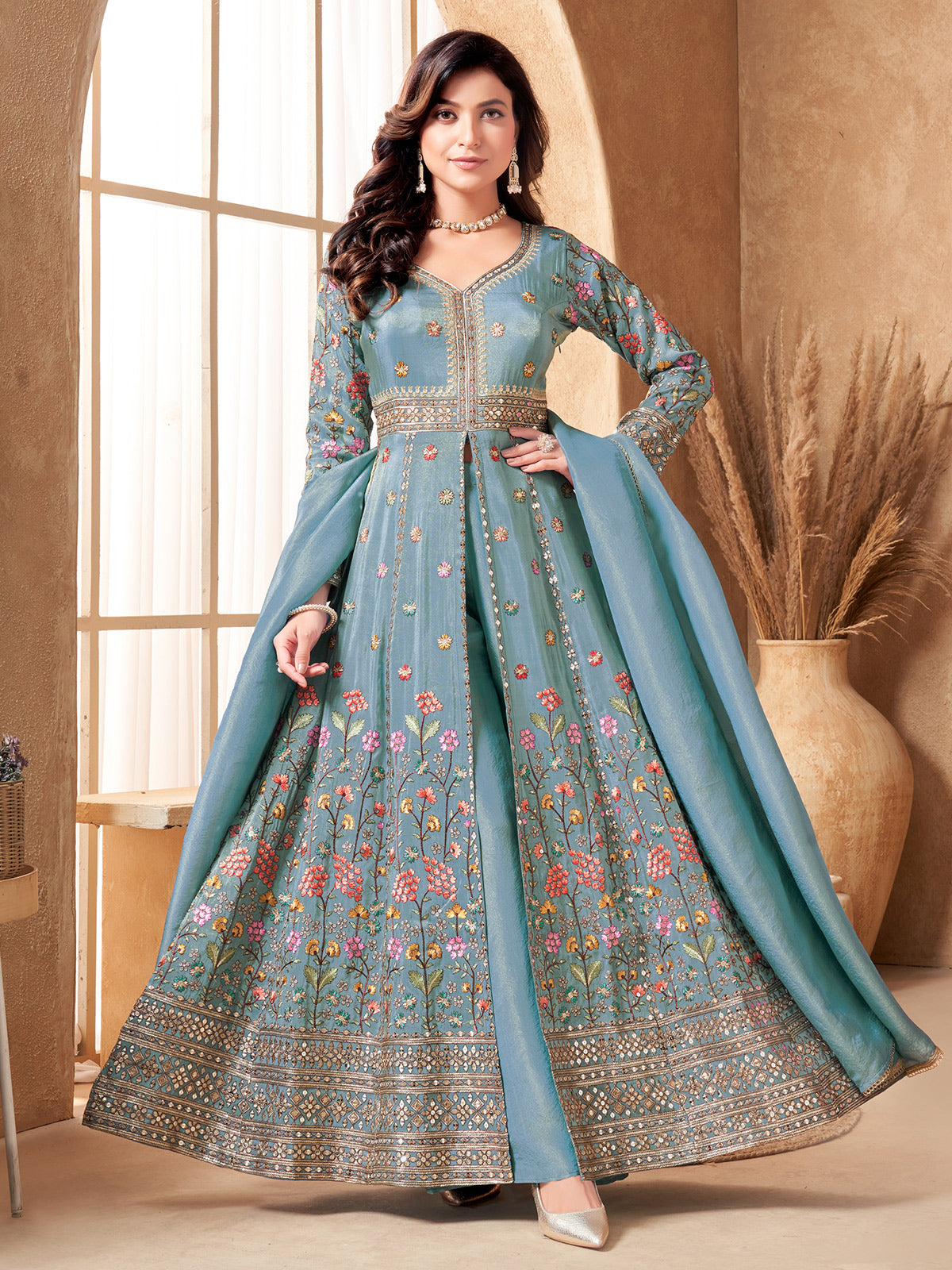 Sky blue silk embroidered anarkali suit for women