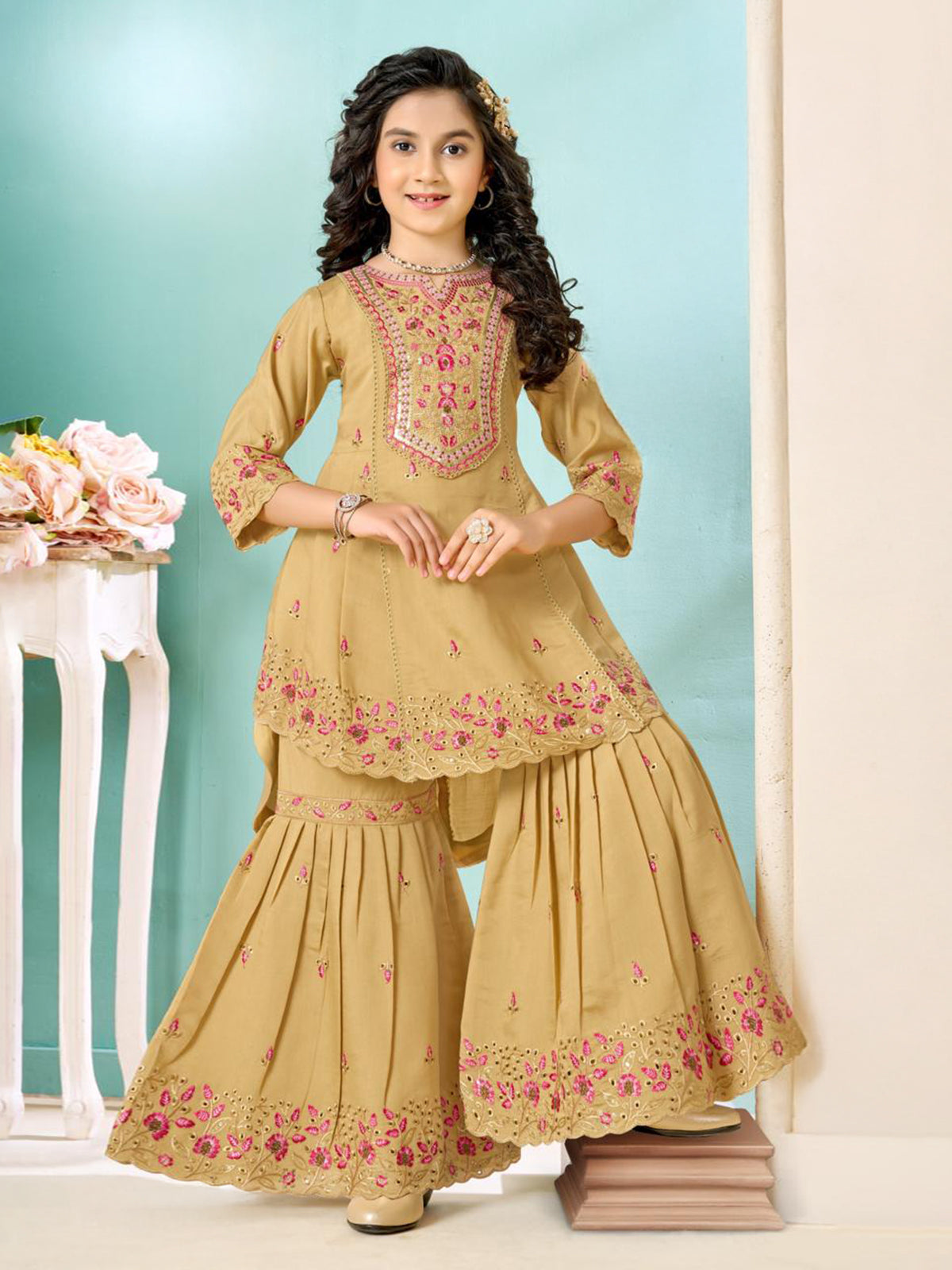 Beige cotton sharara suit with thread and cutwork