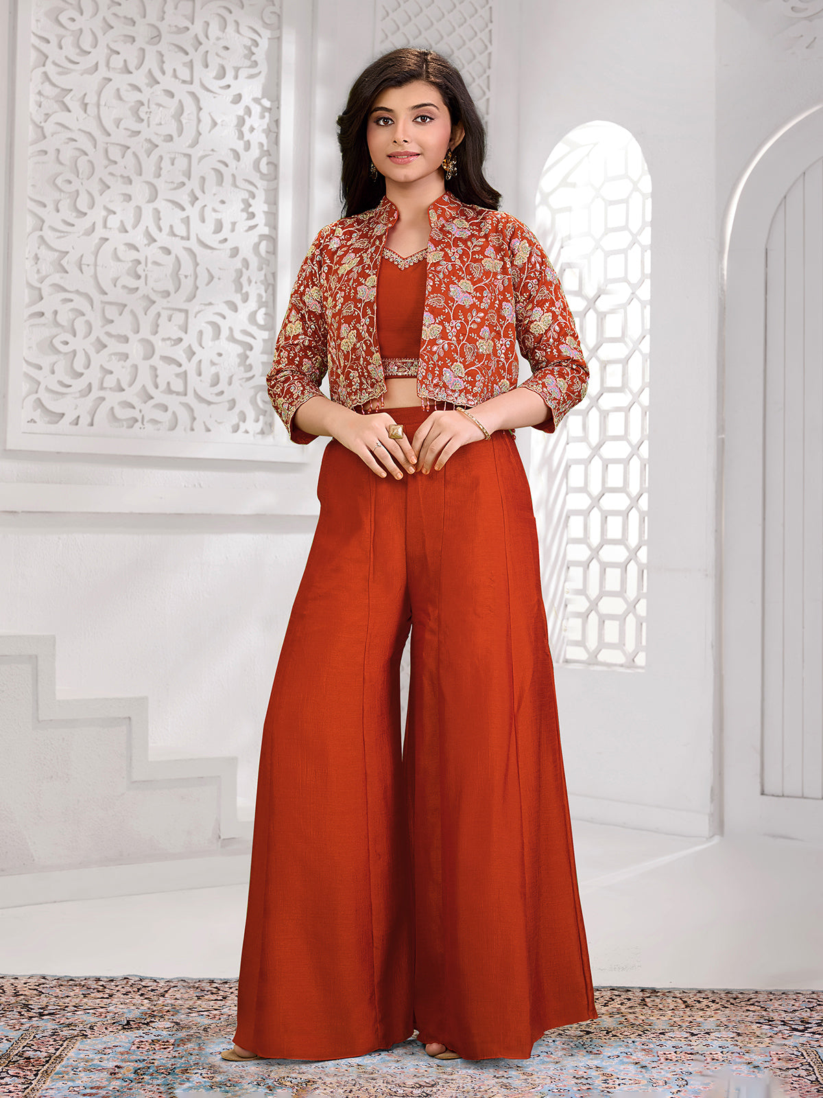 Rust orange silk palazzo suit with jacket
