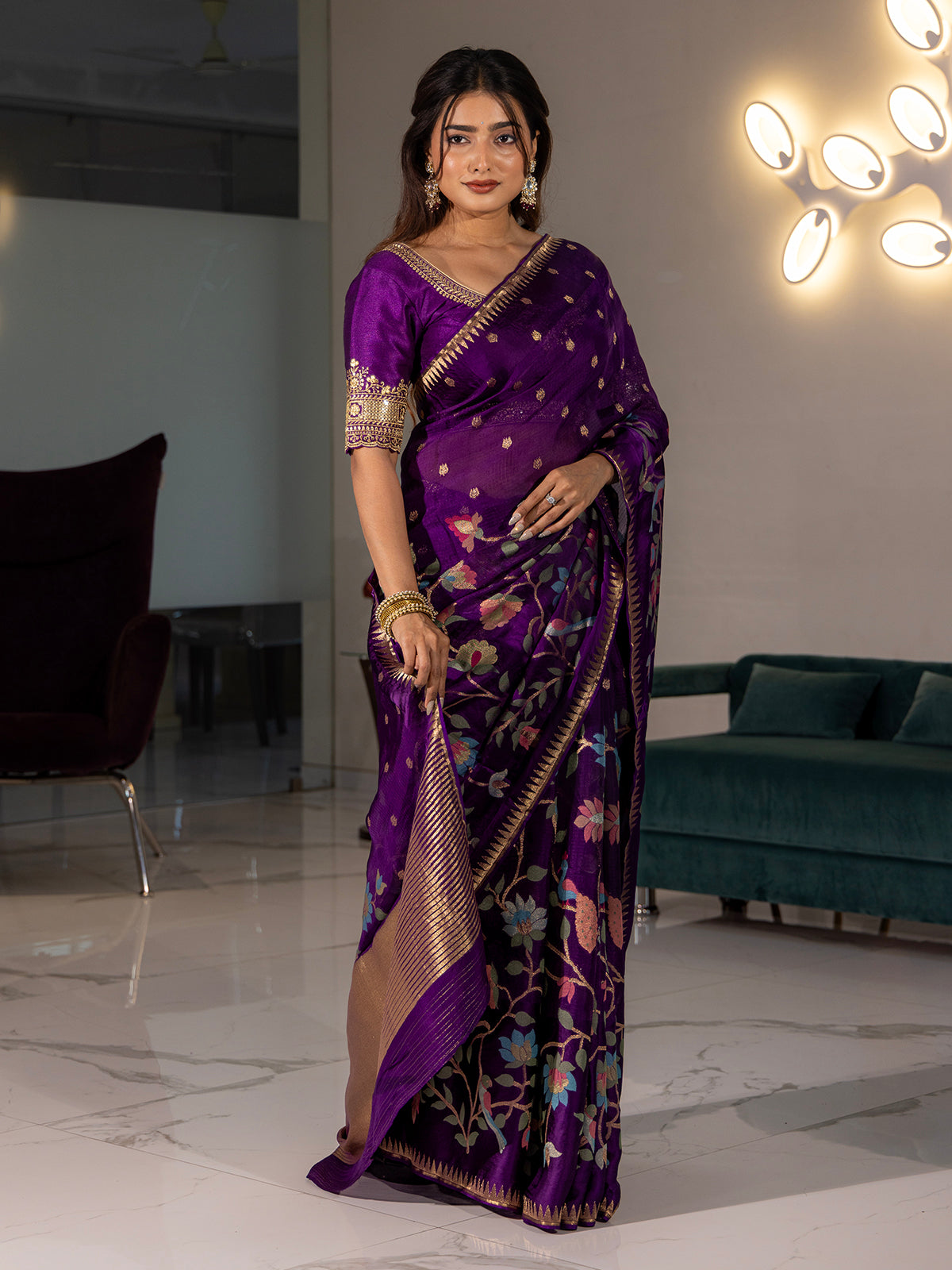 Purple zari worked cotton silk saree with floral motif weaving