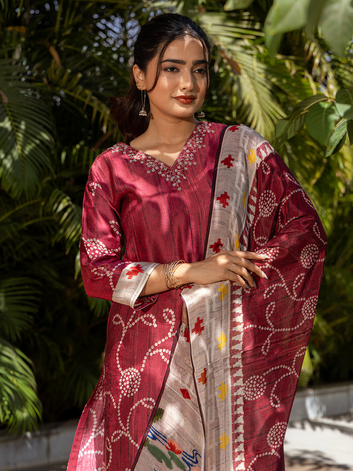 Maroon printed silk kurti set with printed dupatta