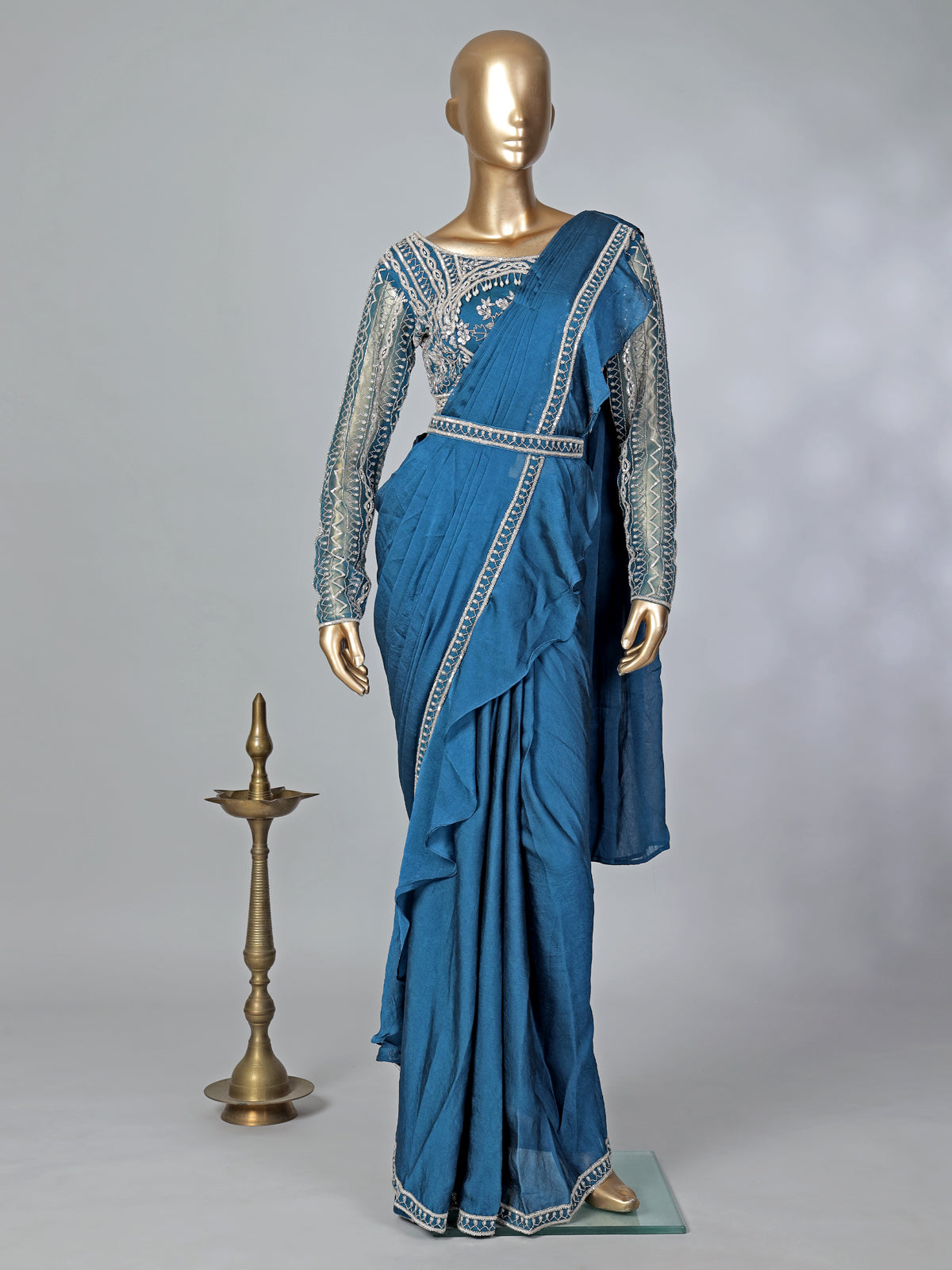 Peacock blue lycra ready to wear saree with ruffled pallu