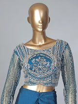 Peacock blue lycra ready to wear saree with ruffled pallu