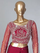 Maroon lycra ready to wear saree with ruffled pallu