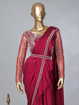 Maroon lycra ready to wear saree with ruffled pallu