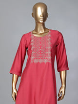 Tomato red cotton silk kurti with thread work