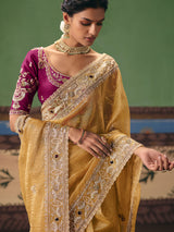 Beige fancy silk saree with contrast blouse