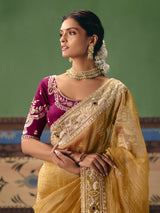Beige fancy silk saree with contrast blouse