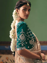 Beige fancy silk saree with rama green blouse
