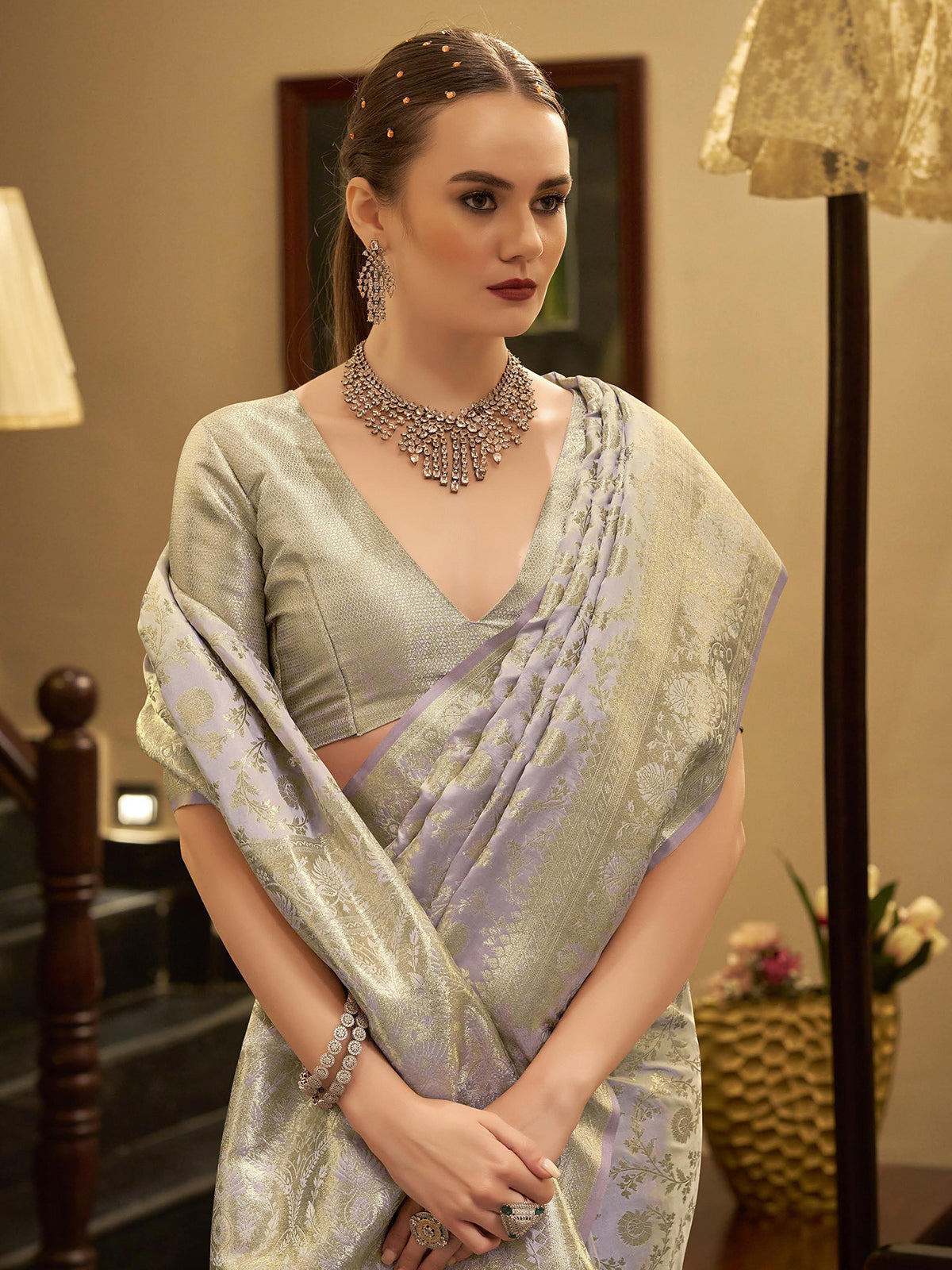 Light purple zari worked satin silk saree