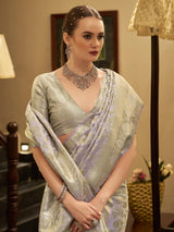 Light purple zari worked satin silk saree