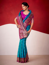 Blue satin silk festive wear saree