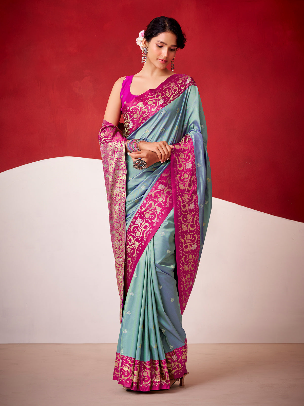 Grey satin silk saree for festive celebration