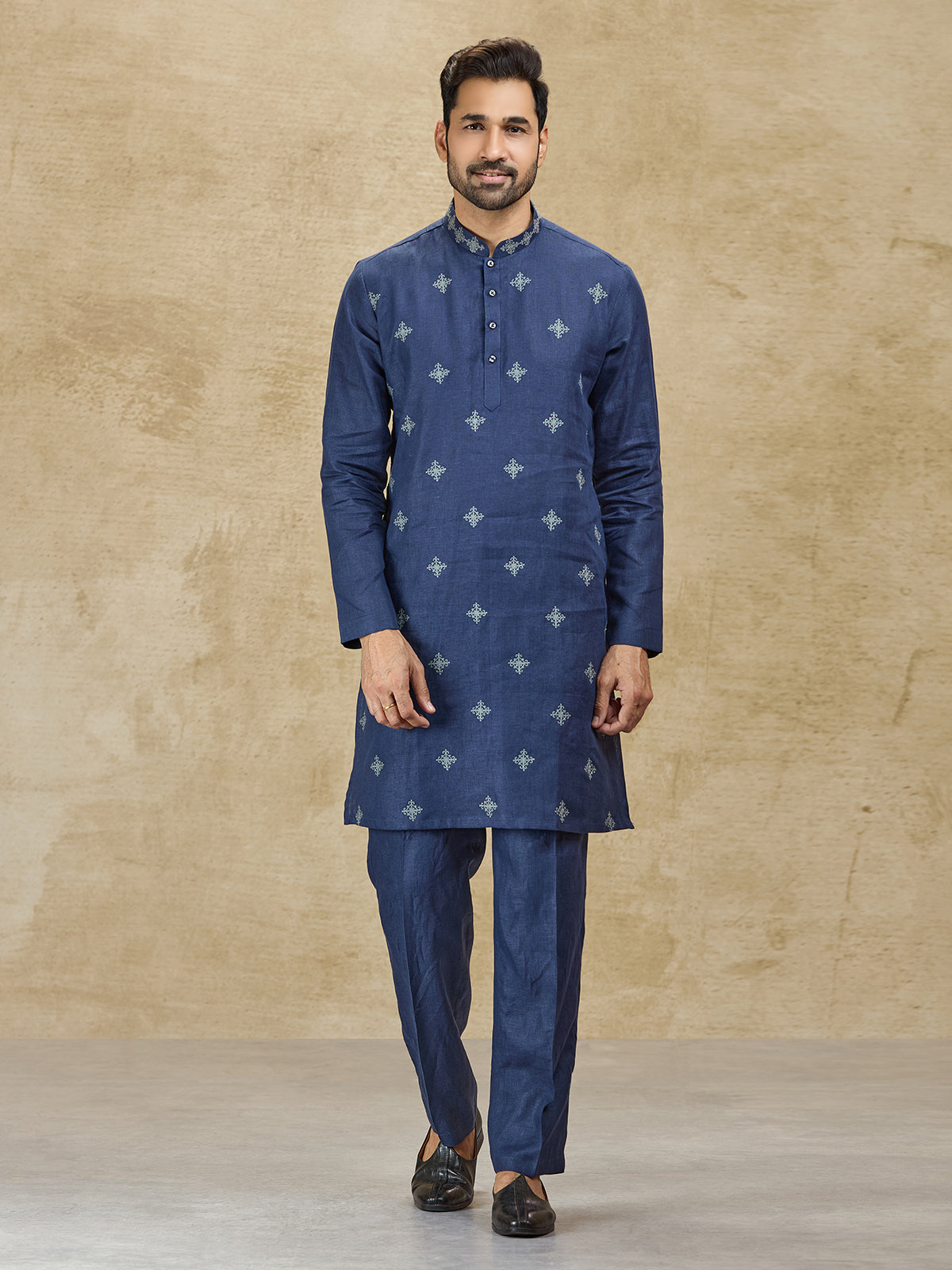 Navy linen men kurta suit with thread detailing