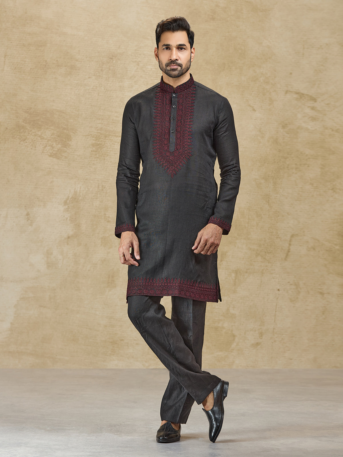 Charcoal black linen kurta suit with thread detailing