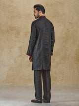 Charcoal black linen kurta suit with thread detailing