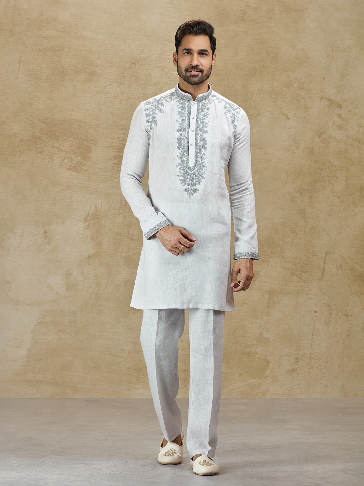 Ice grey linen kurta suit with embroidery