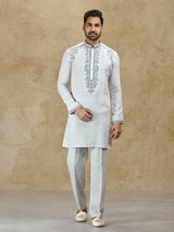 Ice grey linen kurta suit with embroidery
