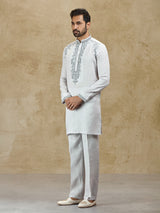 Ice grey linen kurta suit with embroidery