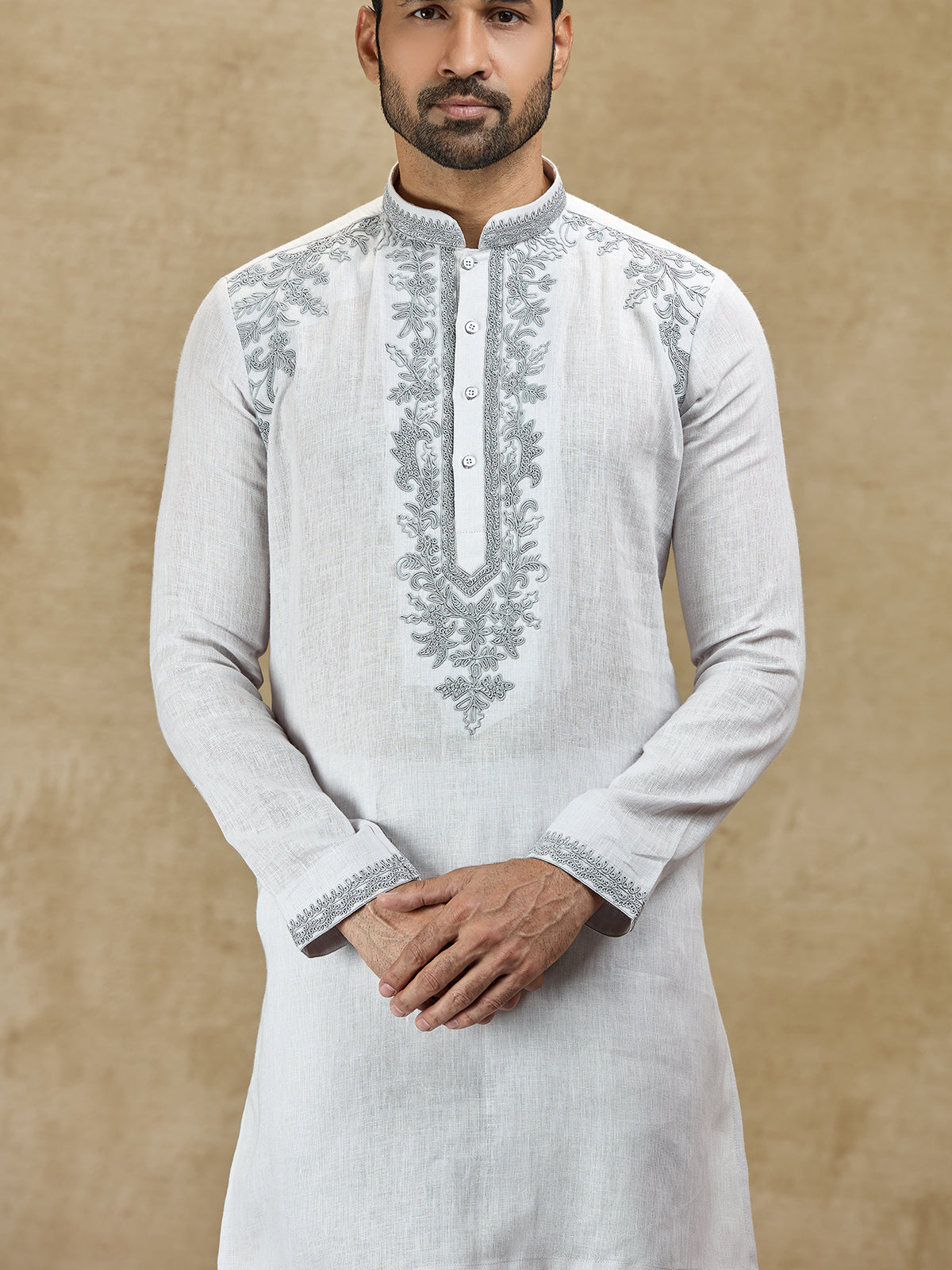 Ice grey linen kurta suit with embroidery
