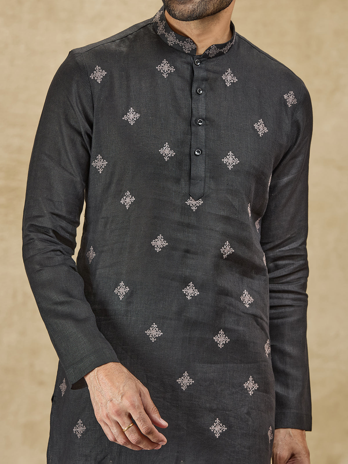 Black thread worked kurta in pure linen