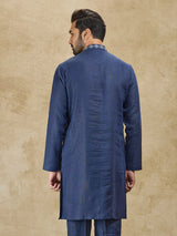 Navy linen men kurta with thread detailing