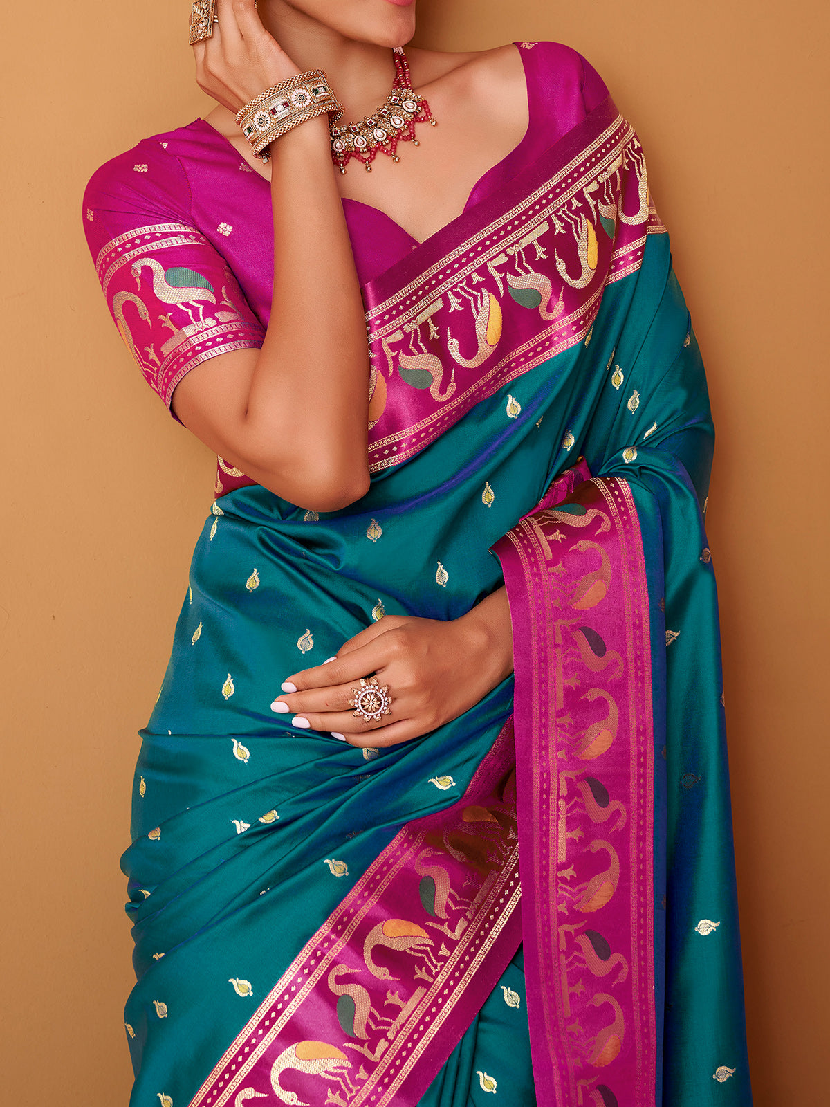 Rama blue satin silk saree with bold pink border