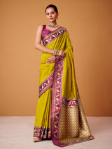 Yellow festive wear satin silk saree with zari shine
