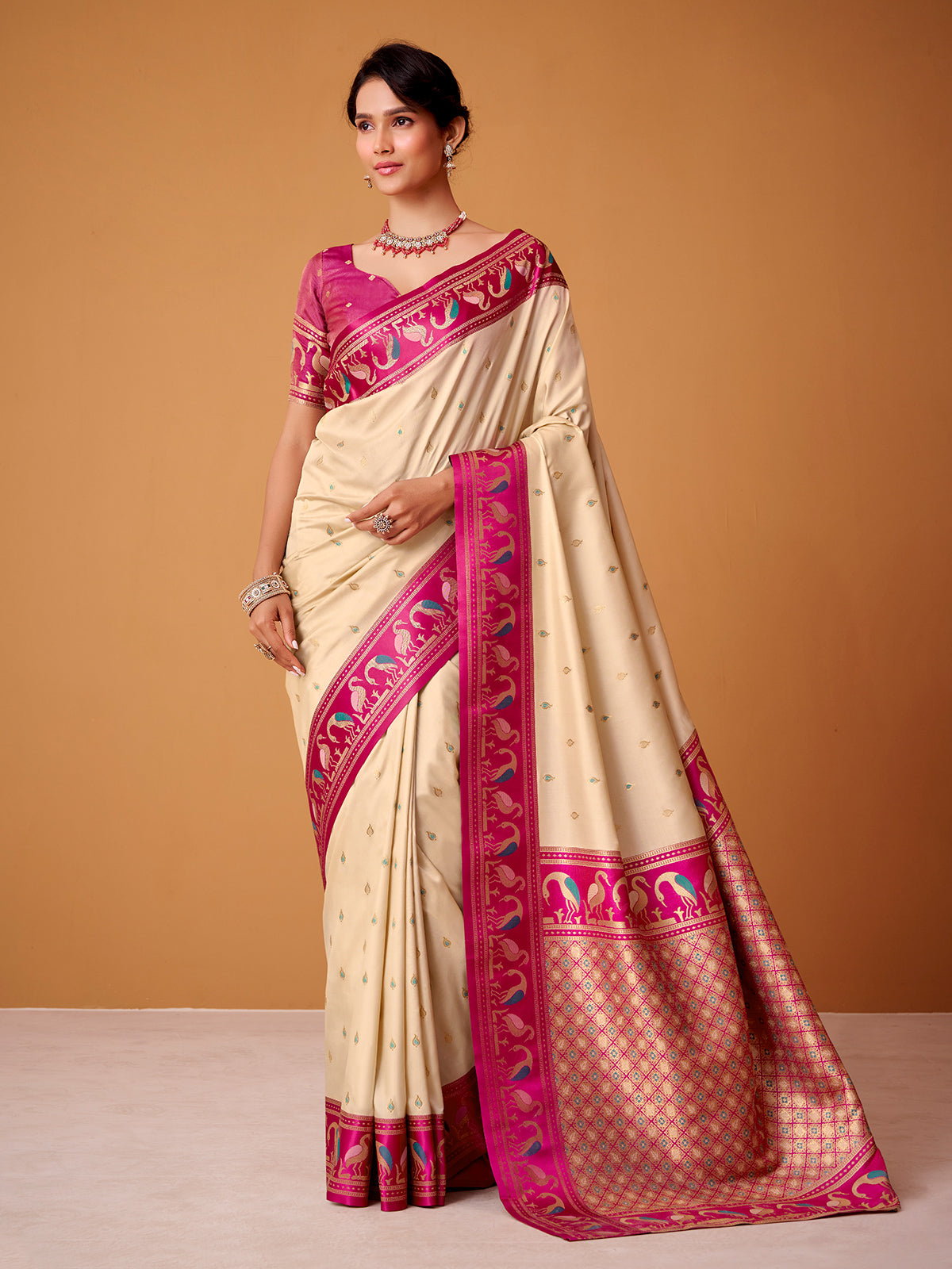 Cream satin silk saree with gorgeous pink border