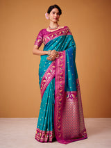 Blue festive wear satin silk saree with zari shine