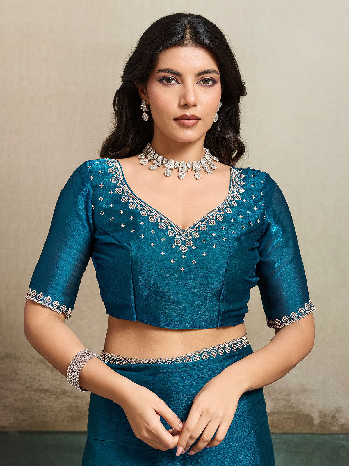 Rama blue fandy chiffon saree for party