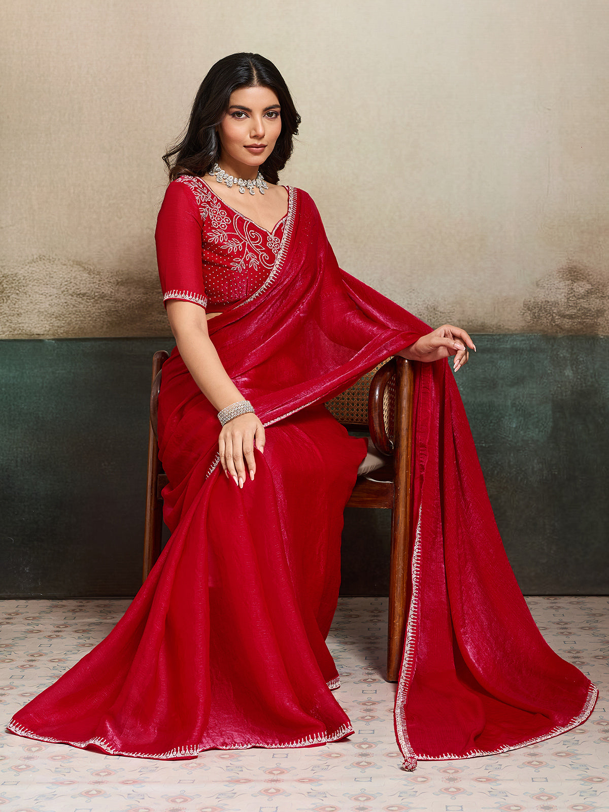 Red party wear fandy chiffon saree