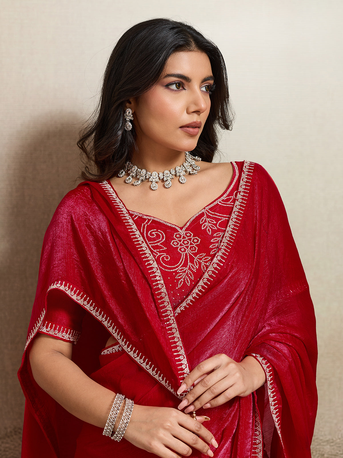 Red party wear fandy chiffon saree