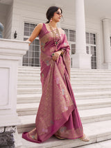 Mauve pink kurra silk saree for festive celebration