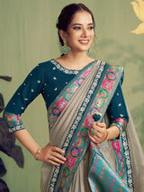 Grey tissue silk saree with resham and sequins work